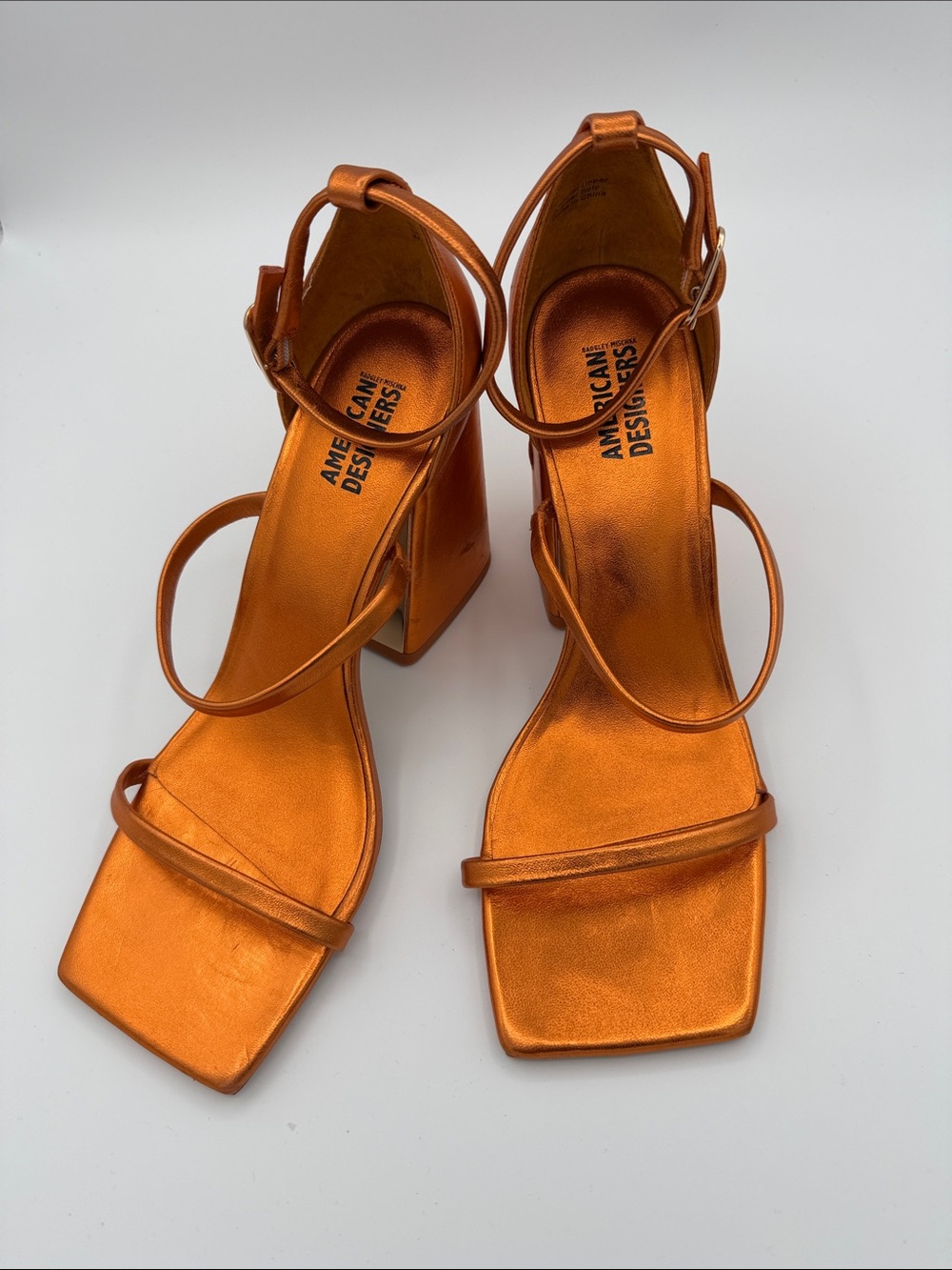 Badgley Mischka Metallic Orange Strappy Block Heel Sandals